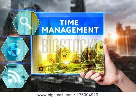 Technology, Internet, Business And Marketing. Young Business Woman Writing Word: Time Management