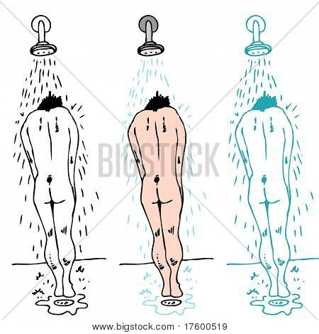 ภาพชายคนหนึ่งยืนใต้ฝักบัวเป็นแบบใช้การอาบน้ำ