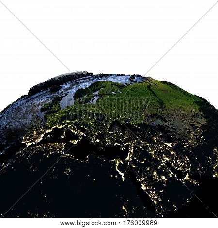 Emea Region On Earth At Night With Exaggerated Mountains