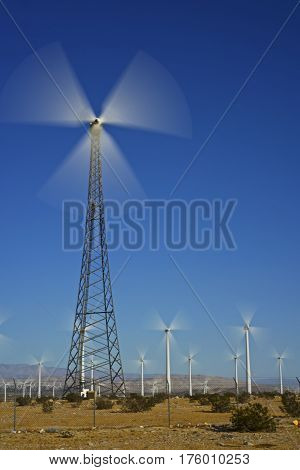 Slow shutter photo at a wind farm