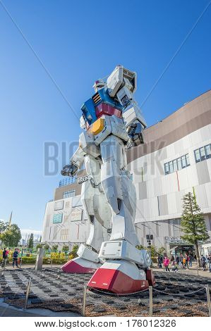 ODAIBA - TOKYO, JAPAN - 17 February 2017: Statue of Gundam at DivercCity Tokyo Plaza in Tokyo. It is ratio 1:1 of Gundam Statue Performances a the biggest Gundam in the world.