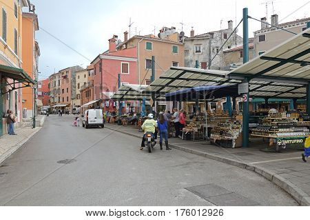 ROVINJ CROATIA - OCTOBER 15: Farmers Market in Rovinj on OCTOBER 15 2014. People at Green Market in Rovinj Croatia.