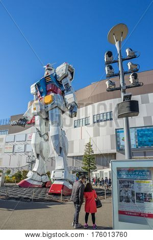ODAIBA - TOKYO, JAPAN - 17 February 2017: Statue of Gundam at DivercCity Tokyo Plaza in Tokyo. It is ratio 1:1 of Gundam Statue Performances a the biggest Gundam in the world.