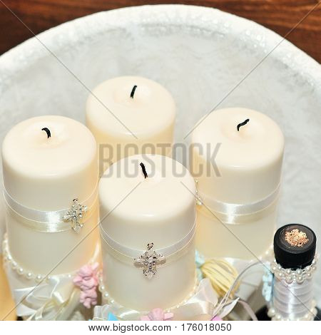 Candles during orthodox christening baptism. Orthodox church