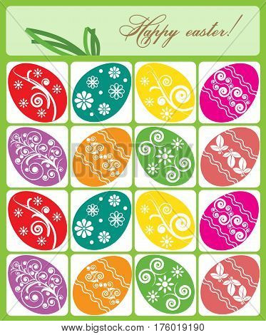 Vector illustration. Colorful Easter  Eggs with various decor in squares. Purpose: can be used as a greeting card or in packaging, backgrounds, decorative paper. Or take individual elements for design