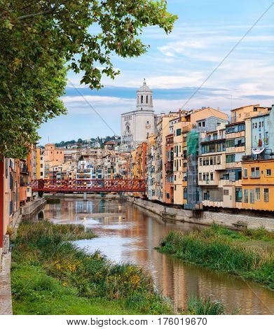 historical jewish quarter in Girona with Eiffel Bridge at sunrise, Barcelona, Spain, Catalonia