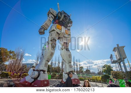 ODAIBA - TOKYO, JAPAN - 17 February 2017: Statue of Gundam at DivercCity Tokyo Plaza in Tokyo. It is ratio 1:1 of Gundam Statue Performances a the biggest Gundam in the world.