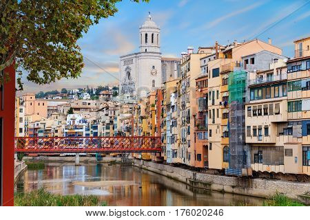 historical jewish quarter in Girona with Eiffel Bridge at sunrise, Barcelona, Spain, Catalonia