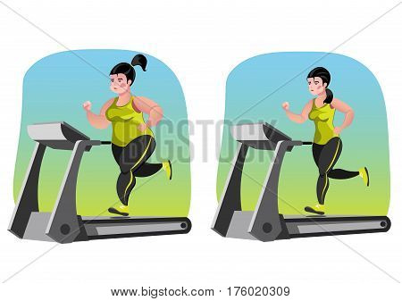 Simple cartoon of a woman jogging, before and after exercise concept