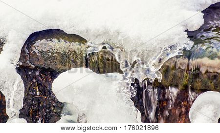 St. Petersburg-12.03.2017: stream with streaming water in winter with ice cubes and icicles