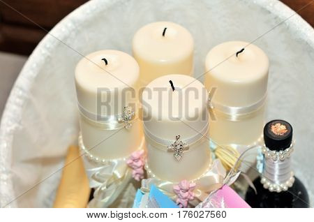 Candles during orthodox christening baptism. Orthodox church