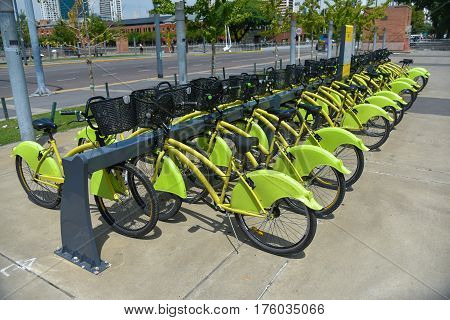 Buenos Aires Argentina - 16 Feb 2017: City parking of the Ecobici rental bikes.