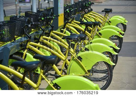 Buenos Aires Argentina - 16 Feb 2017: City parking of the Ecobici rental bikes.