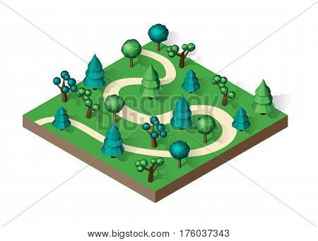 Isometric view projection summer landscape. Suburban road. Nature appearance of forest with trees. Stock vector.
