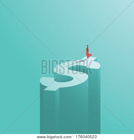 Superhero businessman with superpowers standing on top of dollar money sign. Symbol of business success, strength and power. Eps10 vector illustration.