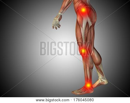 Conceptual 3D illustration of human man anatomy lower body or health design, joint or articular pain, ache or injury on gray gradient background