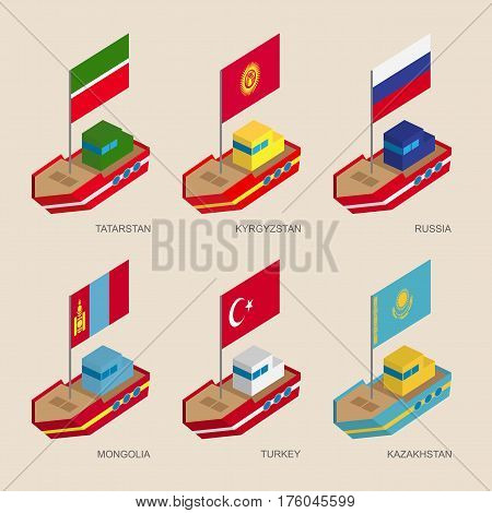 Isometric Ships With Flags: Russia, Kazakhstan, Kyrgyzstan, Turkey, Tatarstan, Mongolia