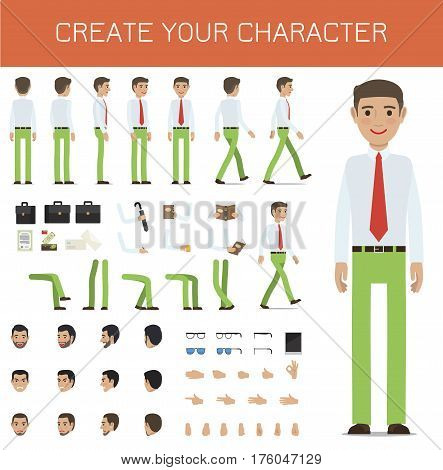 Create your character businessman collection on white. Vector infographic poster of full length male person portrait and his poses, black bags, bent arms with objects and legs, faces with emotions