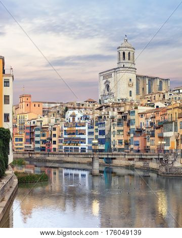 historical jewish quarter in Girona, view from Eiffel Bridge at sunrise, Barcelona, Spain, Catalonia