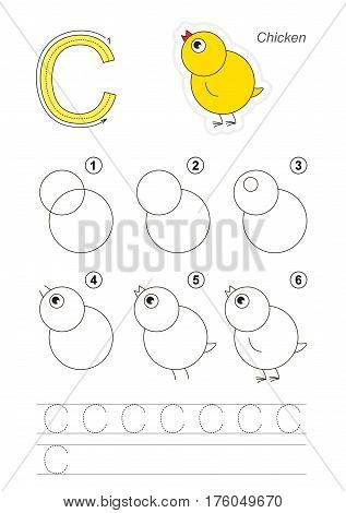 Vector illustrated alphabet with kid educational games to learn handwriting with easy game level for preschool children, kid drawing tutorial for letter C. Chicken.