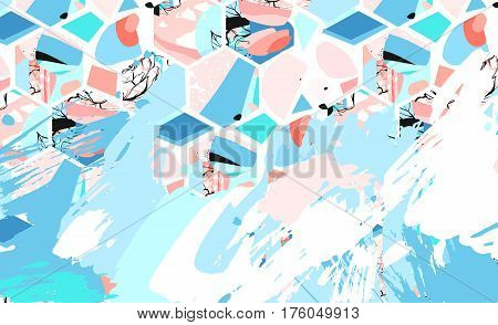 Hand drawn vector artistic universal textured abstract cover header with hexagon shapestextures and nature floral motifs in pastel colors isolated on white background.Unusual trendy spring design