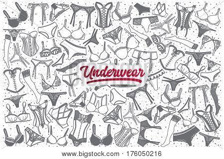 Hand drawn underware doodle set background with dark red lettering in vector