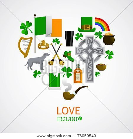 Ireland national traditions icons composition with shamrock leprechaun whisky harp irish terrier vector illustration