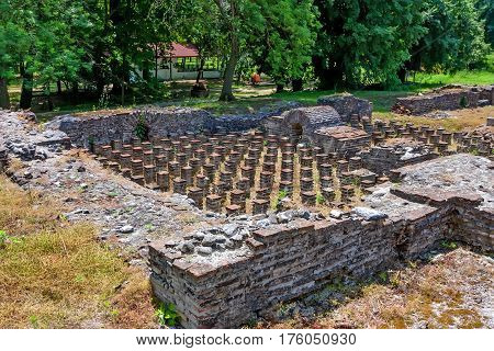 Hypocaust of the Great Baths complex in Dion archaeological park, Pieria, Greece.