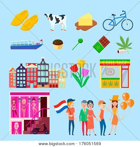 Amsterdam stereotype set with cartoon images of cityscape houses tulips bordello cannabis coffeeshops and people characters vector illustration