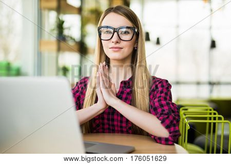 Young Woman Meditating Sitting At The Modern Office Desk In Front Of Laptop, Taking A Pause, Busy, S