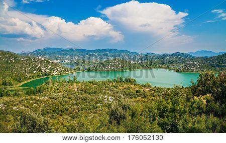 beautiful landscape with Bacinska Lakes surrounded by mountains Makarska Riviera Croatia
