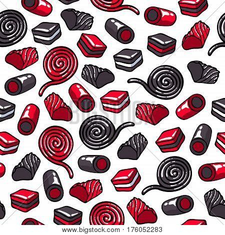 Licorice candies seamless background vector illustration. Roll, stick and layer candy pattern. Hand drawn doodle sketch.