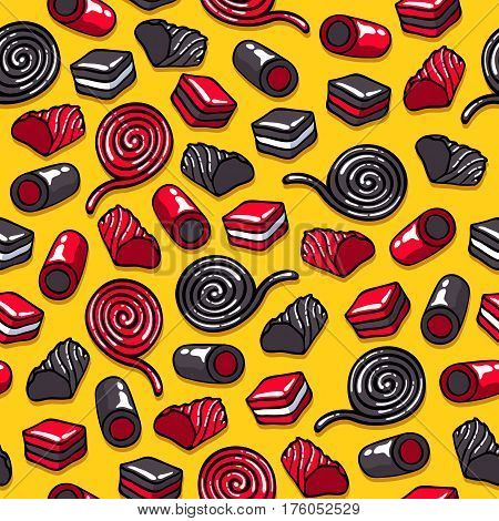 Licorice candies seamless background vector illustration. Roll, stick and layer candy pattern. Hand drawn doodle sketch.