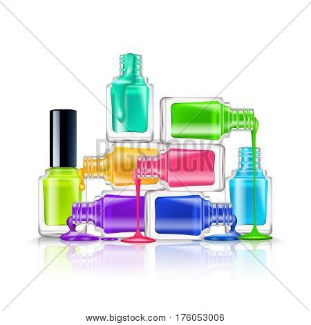 Realistic composition of colorful flourescent nail polishes on white background vector illustration