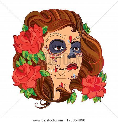 Vector illustration of girl face with Sugar skull or Calavera Catrina makeup and red roses isolated on white. Design for Mexican Day of the dead or Dia de los Muertos in contour style.