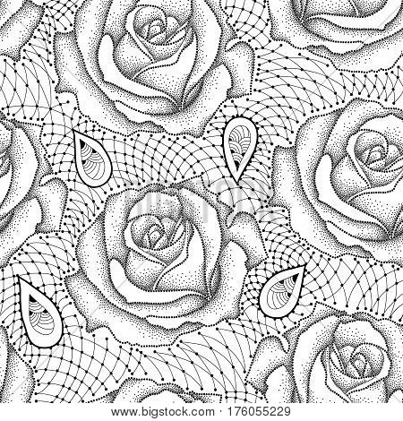 Vector seamless pattern with dotted rose flowers and decorative lace in black on the white background. Elegance floral background with roses in dotwork and contour style.