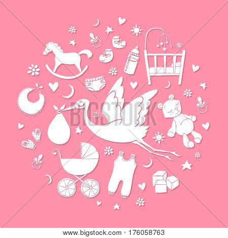 Set of hand drawn elements. Baby girl stuff. Collection of vector cute elements.