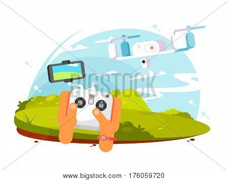 Driving quadcopter design flat. Drone aerial technology, camera with propeller, helicopter control, aircraft copter fly, vector illustration