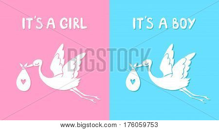 Flying stork with baby. It's a boy and girl. Vector illustration cartoon