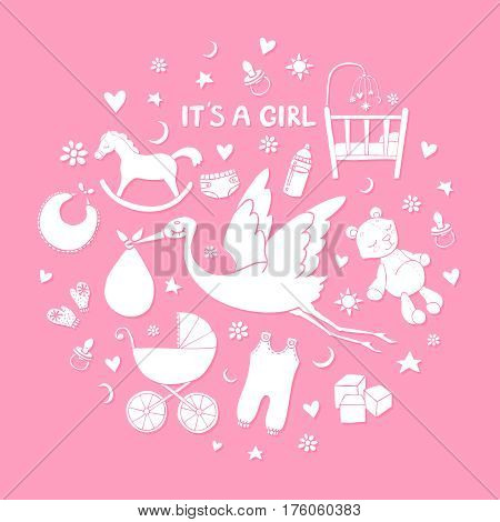 Set of hand drawn elements. Baby girl stuff. Collection of vector cute elements.