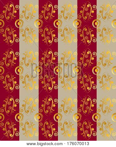 Vector illustration. Red and beige stripes alternate. Above the stripes is a golden floral ornament.  Seamless ornament. Vertical arrangement of the ornament.
