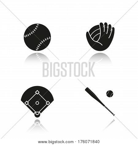 Baseball drop shadow black icons set. Bat and ball, mitt, field. Softball equipment. Isolated vector illustrations