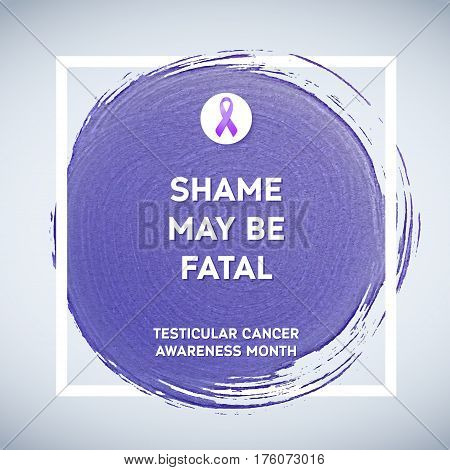 Testicular Cancer Awareness Creative Grey and Purple Poster. Brush Stroke and Silk Ribbon Symbol. National Testicular Cancer Awareness Month Banner. Brush Stroke and Text. Medical Square Design.