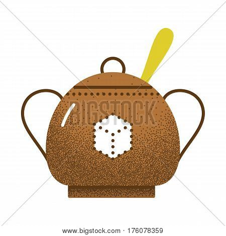 Tea icon retro texture. Sugar bowl with spoon inside. Vintage vector illustration