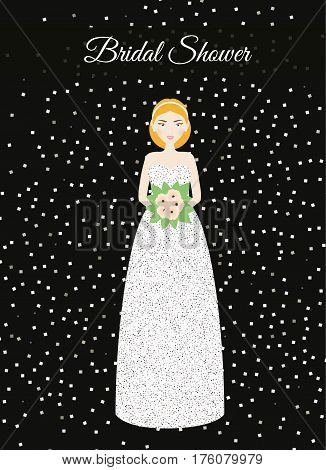 Bridal shower card with smiling happy bride. Woman in fashion wedding dress and falling silver glitters confetti. Vector illustration invitation template henparty