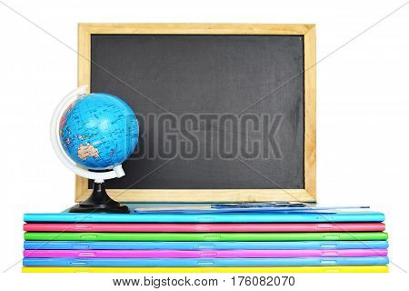 ack to school: Empty blackboard, notebooks and globe isolated on white background