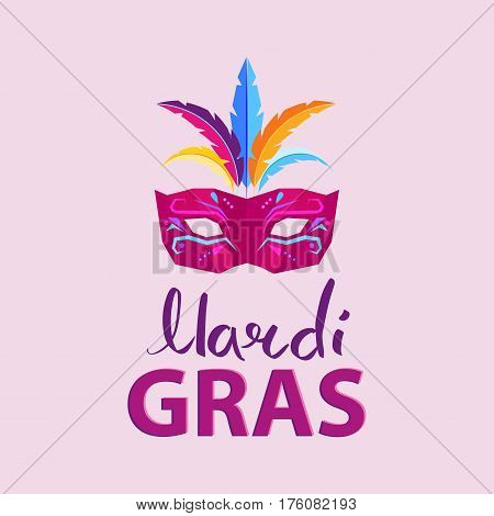 Mardi Gras. Carnival invitation poster with mask with colored feathers illustration and big inscription on pink background. Big festival promotion. Vector illustration of advertisement signboard.