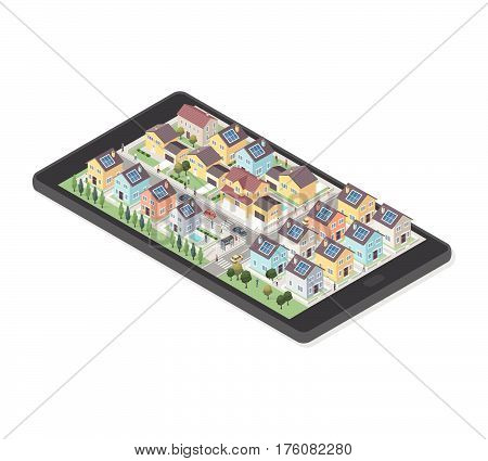 Residential area with smart homes people and cars on a smartphone augmented reality and real estate concept
