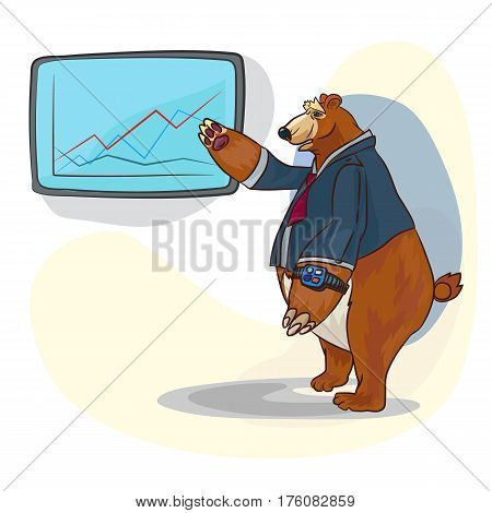 funny big bear as a business person, showing something on a board