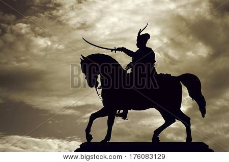 Statue of Josip ban Jelacic against evening sky, Zagreb, Croatia
